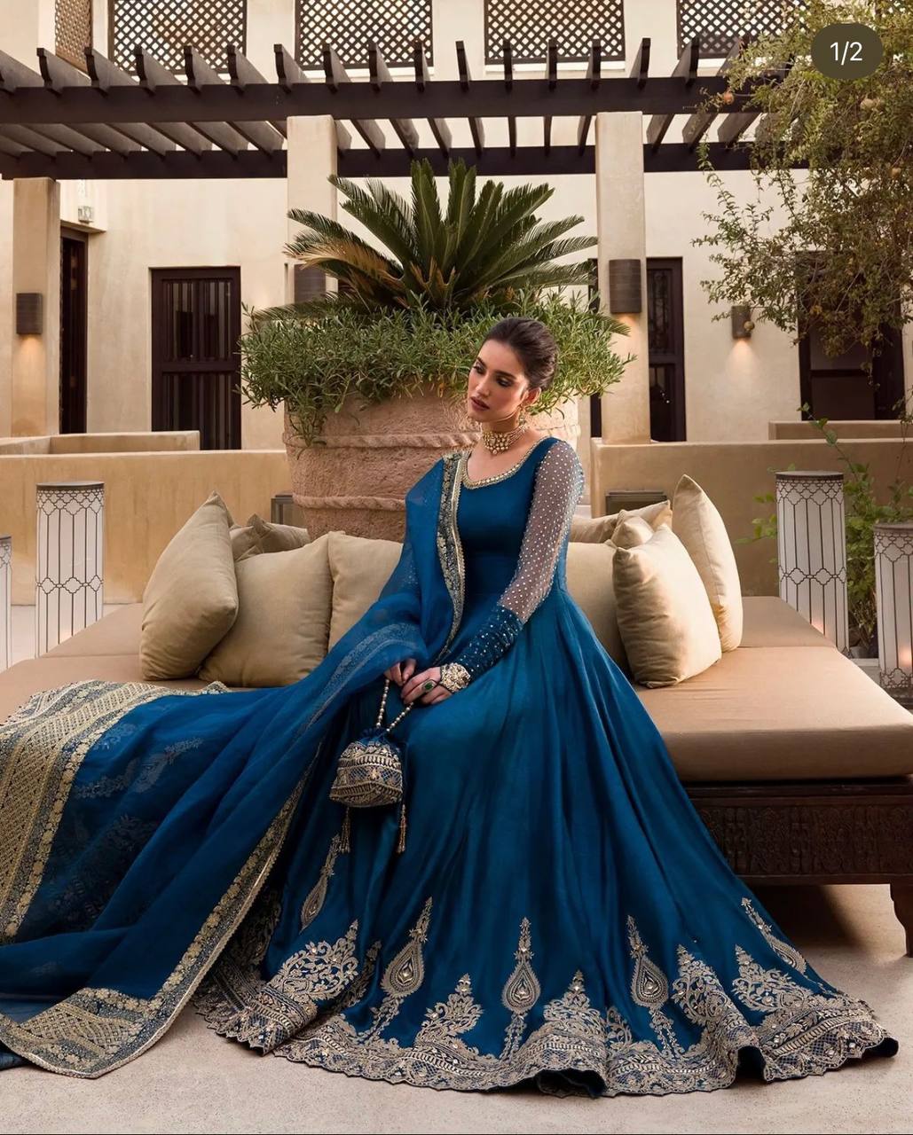 Attractive Yellow/Blue Pure Georgette Indian Outfit | Long gown design, Indian  dresses online, Anarkali dress pattern